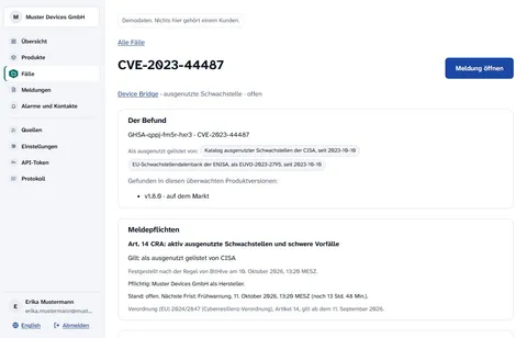 Eine Fallseite im Reporting Desk: der Befund, die Quellen, die ihn als ausgenutzt führen, und der Verlauf von Alarm, Bestätigung und Fristen (Demodaten).