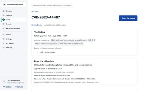 A case page in the Reporting Desk: the finding, the sources that list it as exploited, and the timeline of the alert, the acknowledgement and the deadlines (demo data).